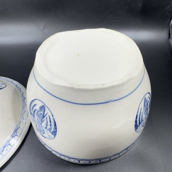 Vintage Japanese Pottery Serving Dish Bowl with Lid Crane Phoenix White Blue VTG - Picture 7 of 15